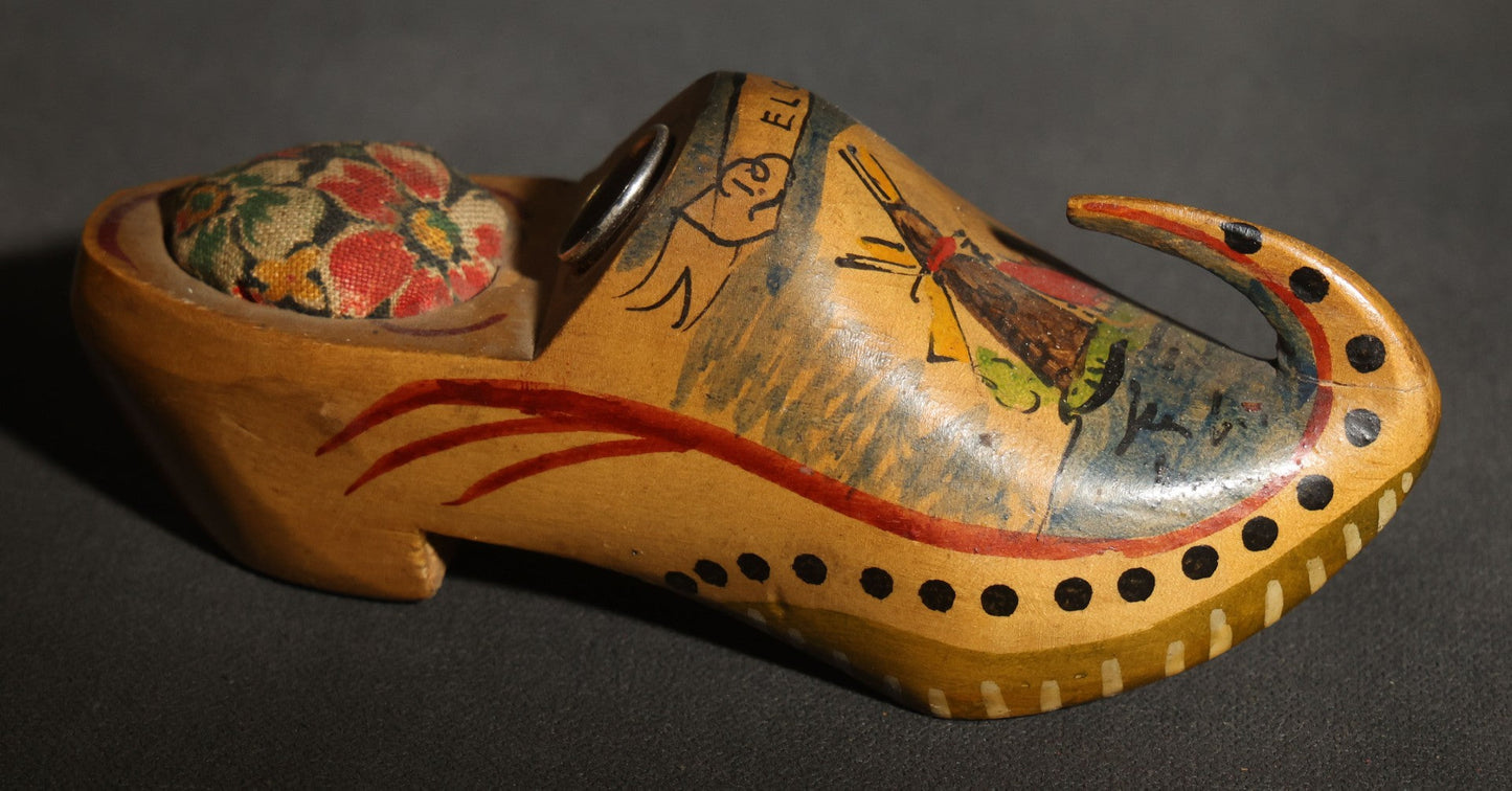Vintage Hand-Painted Wooden Clog Pincushion with Thimble, Marked "Belgium," Windmill Motif