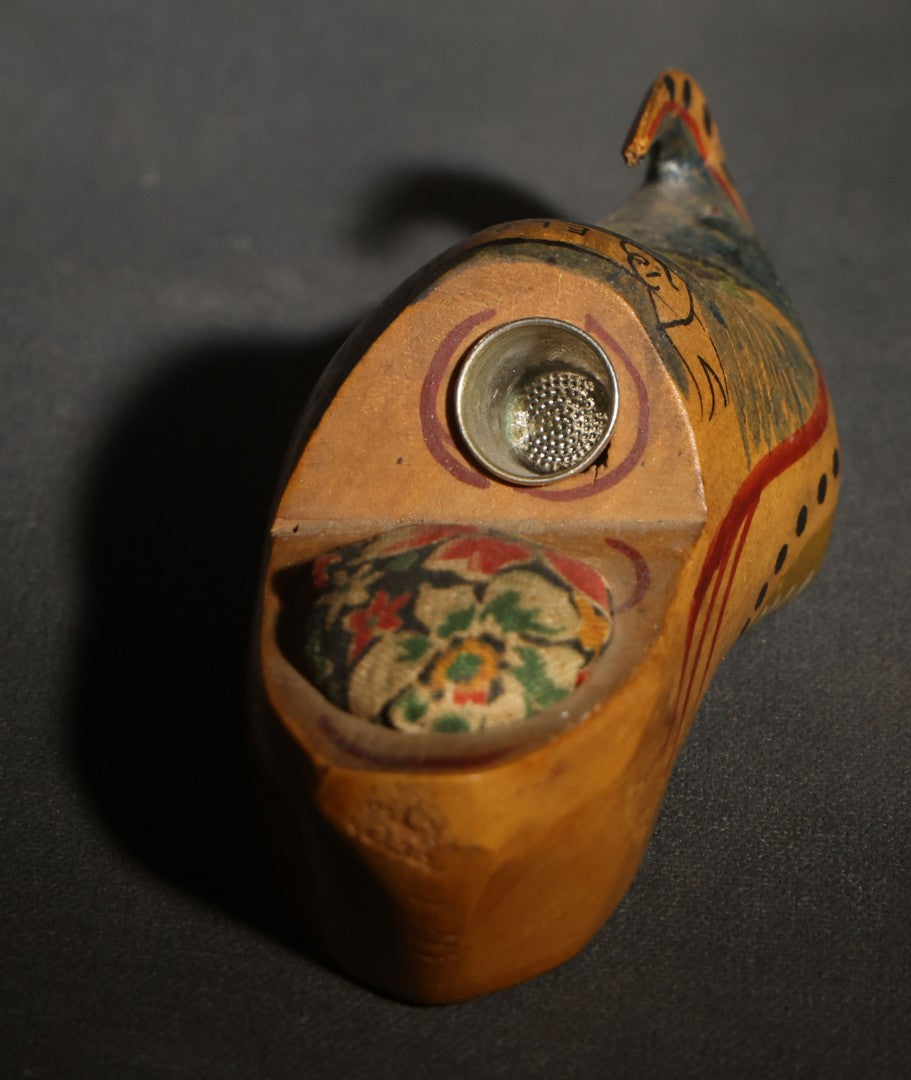 Vintage Hand-Painted Wooden Clog Pincushion with Thimble, Marked "Belgium," Windmill Motif