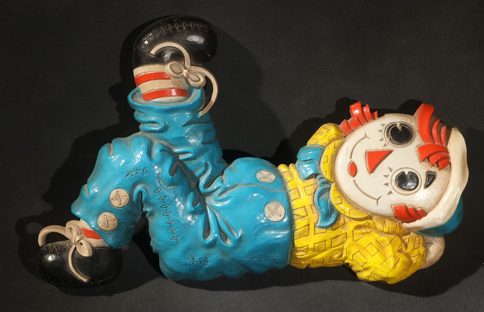 Grouping of Five Vintage Raggedy Ann and Andy Items Including Two Cloth Dolls, 24" L Each, and Three 1970s Plastic Wall Hangings by Dart Industries, Bobbs-Merrill Company Copyright