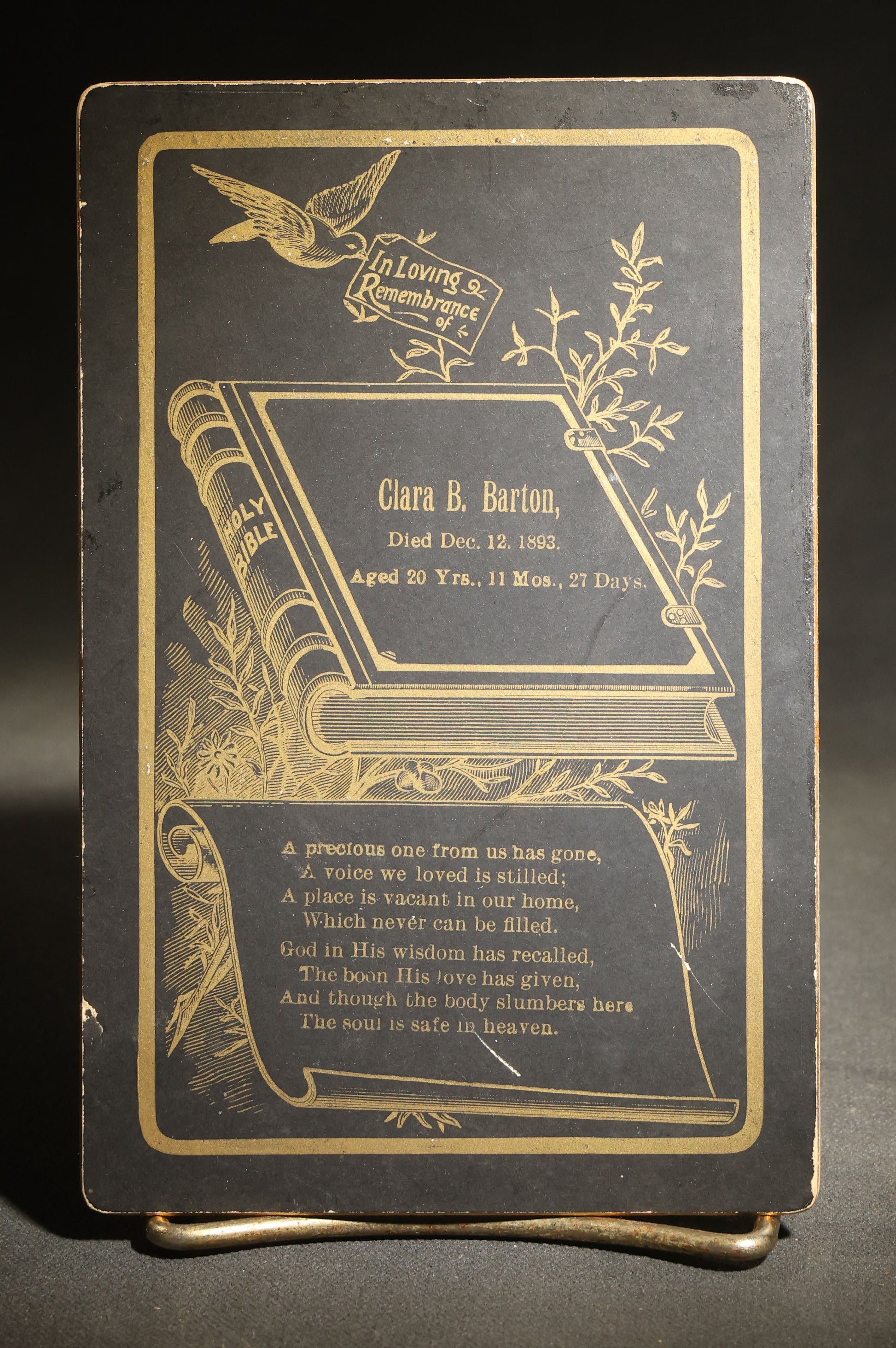 Antique Memorial Cabinet Card for Clara B. Barton, Died December 12, 1893, Aged 20 Years, 11 Months, 27 Days, with Open Bible, Dove, and Verse