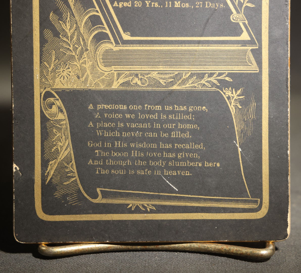 Antique Memorial Cabinet Card for Clara B. Barton, Died December 12, 1893, Aged 20 Years, 11 Months, 27 Days, with Open Bible, Dove, and Verse