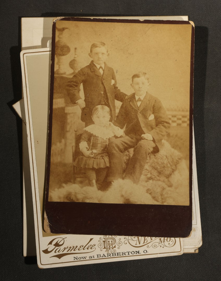 Grouping of 30+ Antique Cabinet Card Photographs of Men, Women, Children, and Families Including Photographers from Oberlin, Ohio, Youngstown, Ohio, West Lafayette, Indiana, Kalamazoo, Michigan, and Detroit, Michigan