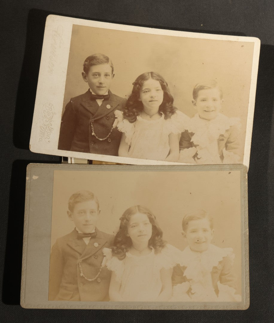 Grouping of 30+ Antique Cabinet Card Photographs of Men, Women, Children, and Families Including Photographers from Oberlin, Ohio, Youngstown, Ohio, West Lafayette, Indiana, Kalamazoo, Michigan, and Detroit, Michigan