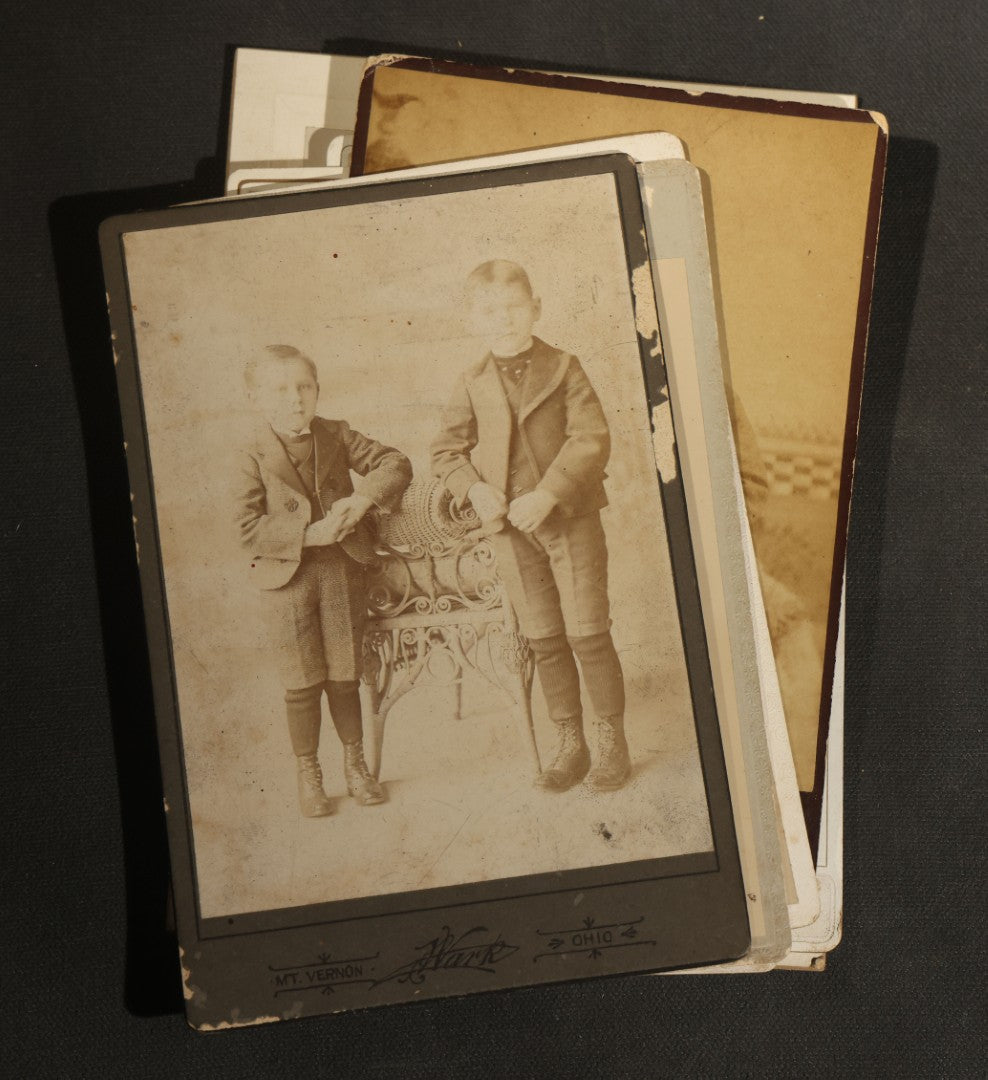 Grouping of 30+ Antique Cabinet Card Photographs of Men, Women, Children, and Families Including Photographers from Oberlin, Ohio, Youngstown, Ohio, West Lafayette, Indiana, Kalamazoo, Michigan, and Detroit, Michigan