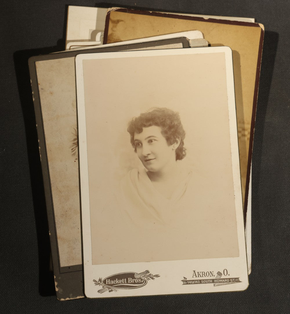 Grouping of 30+ Antique Cabinet Card Photographs of Men, Women, Children, and Families Including Photographers from Oberlin, Ohio, Youngstown, Ohio, West Lafayette, Indiana, Kalamazoo, Michigan, and Detroit, Michigan