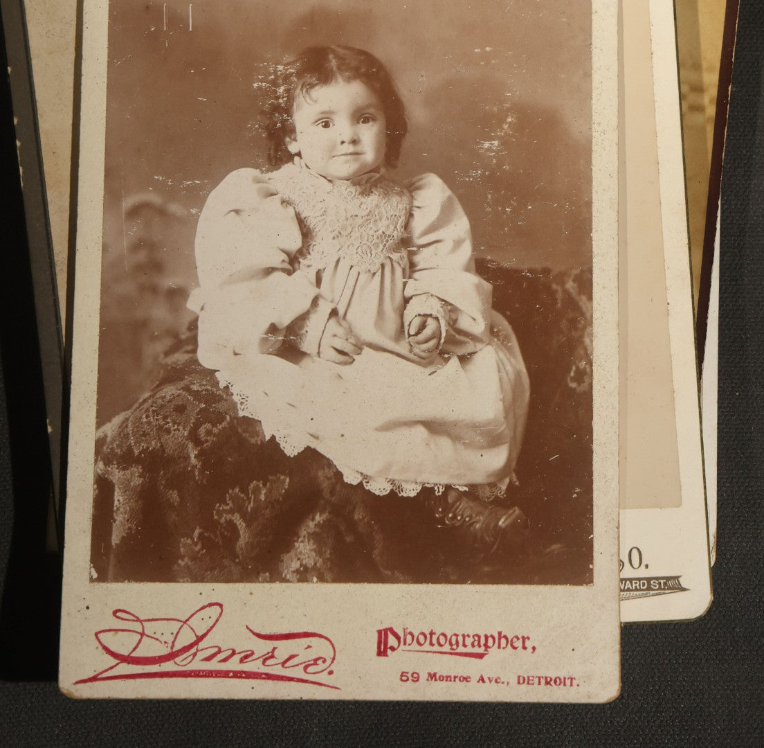 Grouping of 30+ Antique Cabinet Card Photographs of Men, Women, Children, and Families Including Photographers from Oberlin, Ohio, Youngstown, Ohio, West Lafayette, Indiana, Kalamazoo, Michigan, and Detroit, Michigan