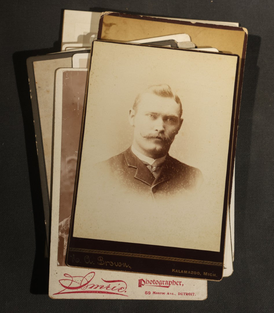 Grouping of 30+ Antique Cabinet Card Photographs of Men, Women, Children, and Families Including Photographers from Oberlin, Ohio, Youngstown, Ohio, West Lafayette, Indiana, Kalamazoo, Michigan, and Detroit, Michigan