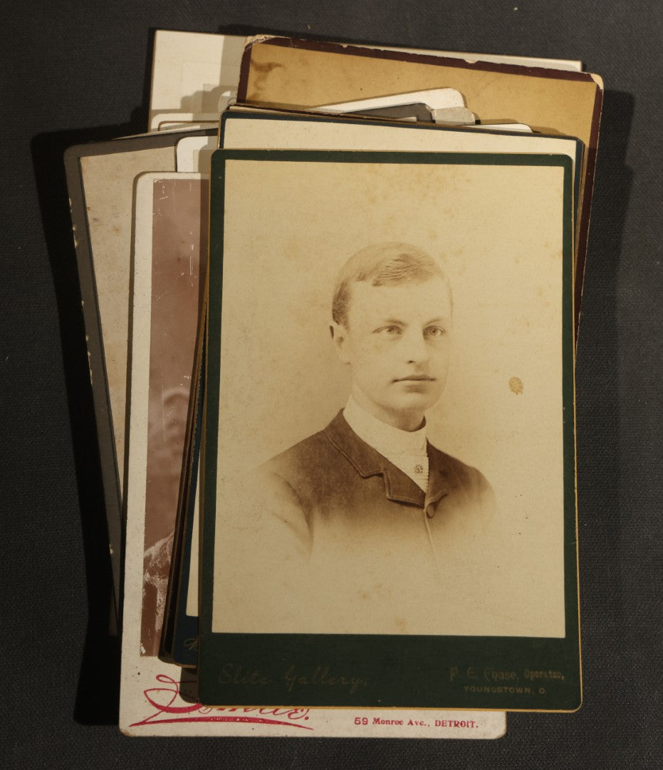Grouping of 30+ Antique Cabinet Card Photographs of Men, Women, Children, and Families Including Photographers from Oberlin, Ohio, Youngstown, Ohio, West Lafayette, Indiana, Kalamazoo, Michigan, and Detroit, Michigan