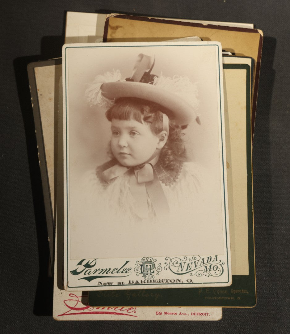 Grouping of 30+ Antique Cabinet Card Photographs of Men, Women, Children, and Families Including Photographers from Oberlin, Ohio, Youngstown, Ohio, West Lafayette, Indiana, Kalamazoo, Michigan, and Detroit, Michigan