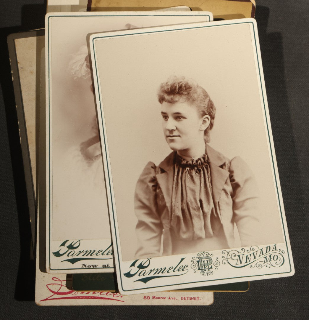 Grouping of 30+ Antique Cabinet Card Photographs of Men, Women, Children, and Families Including Photographers from Oberlin, Ohio, Youngstown, Ohio, West Lafayette, Indiana, Kalamazoo, Michigan, and Detroit, Michigan