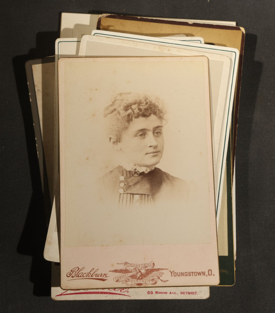 Grouping of 30+ Antique Cabinet Card Photographs of Men, Women, Children, and Families Including Photographers from Oberlin, Ohio, Youngstown, Ohio, West Lafayette, Indiana, Kalamazoo, Michigan, and Detroit, Michigan