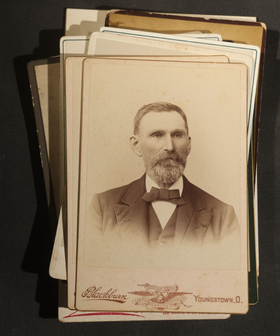 Grouping of 30+ Antique Cabinet Card Photographs of Men, Women, Children, and Families Including Photographers from Oberlin, Ohio, Youngstown, Ohio, West Lafayette, Indiana, Kalamazoo, Michigan, and Detroit, Michigan