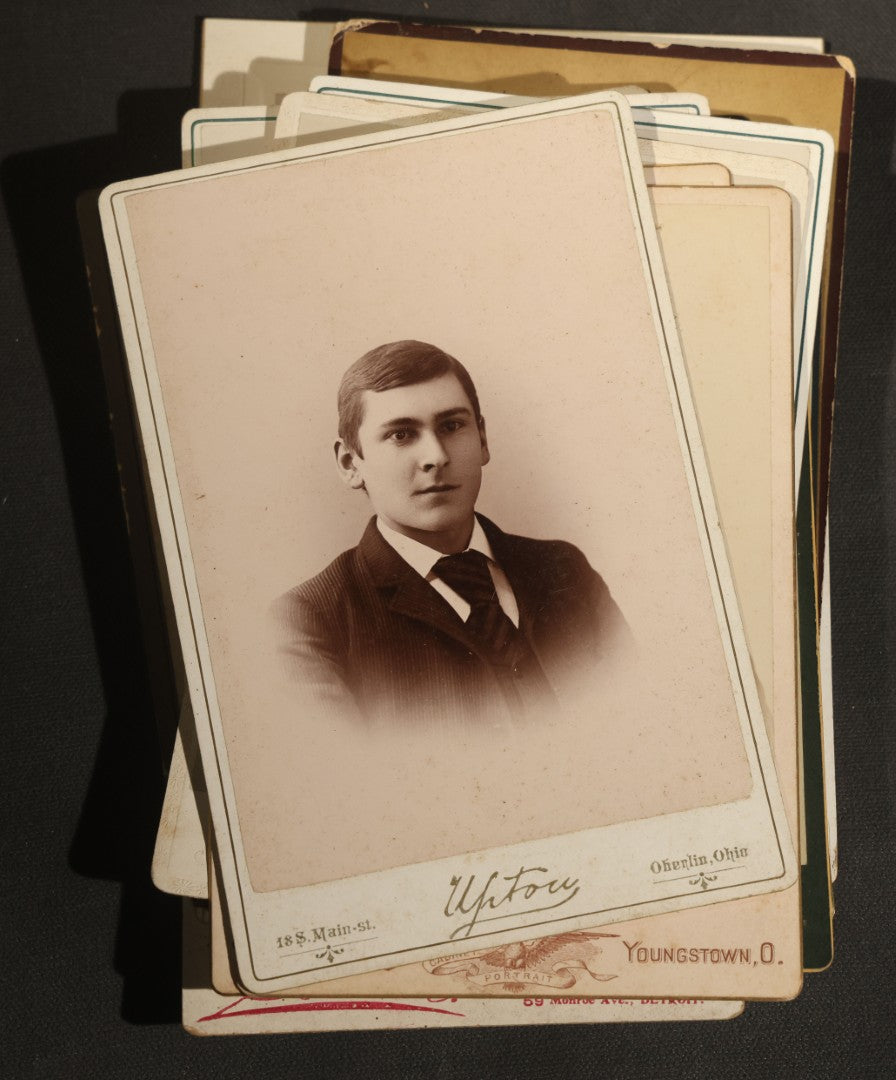 Grouping of 30+ Antique Cabinet Card Photographs of Men, Women, Children, and Families Including Photographers from Oberlin, Ohio, Youngstown, Ohio, West Lafayette, Indiana, Kalamazoo, Michigan, and Detroit, Michigan