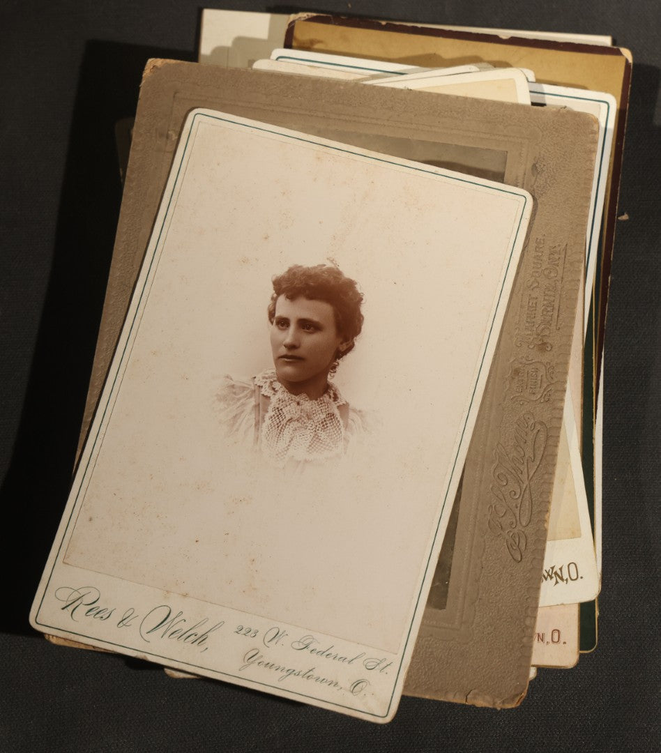 Grouping of 30+ Antique Cabinet Card Photographs of Men, Women, Children, and Families Including Photographers from Oberlin, Ohio, Youngstown, Ohio, West Lafayette, Indiana, Kalamazoo, Michigan, and Detroit, Michigan