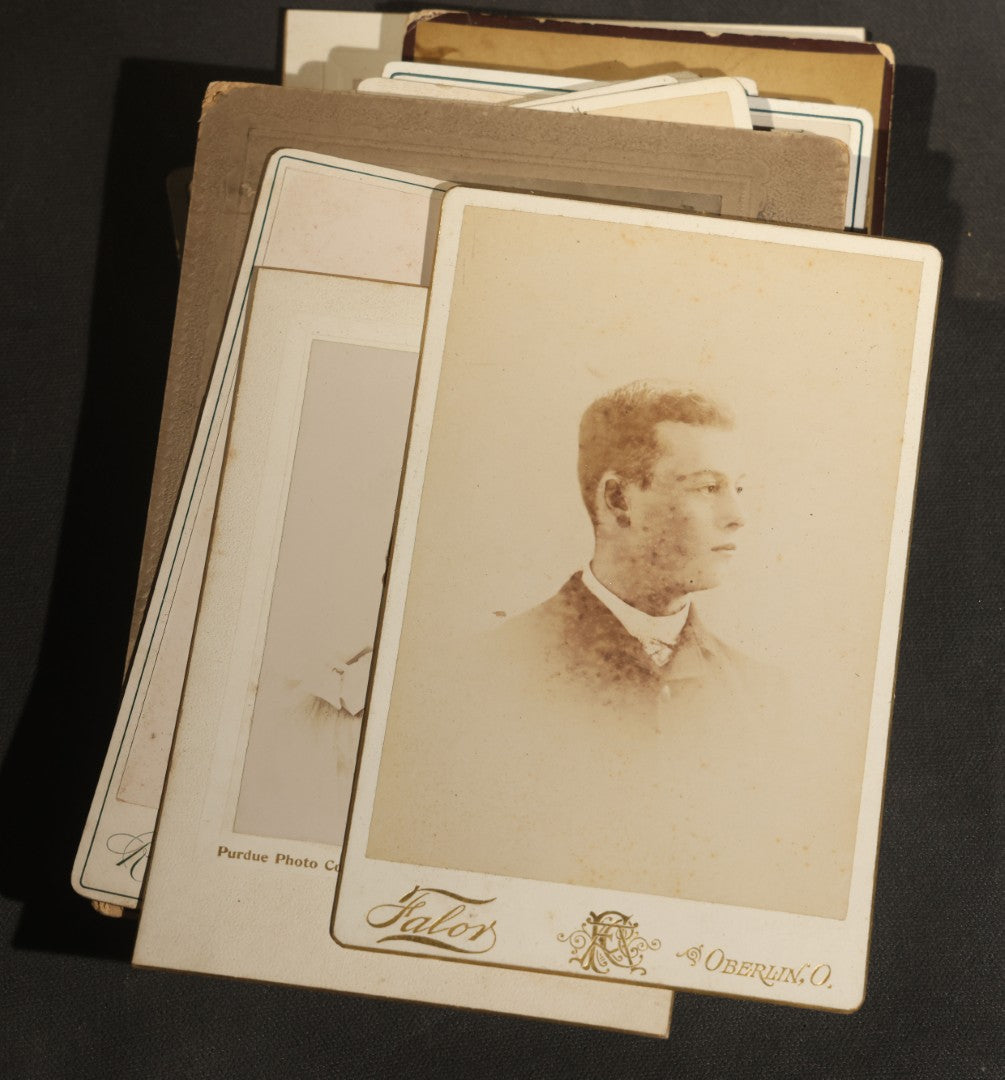 Grouping of 30+ Antique Cabinet Card Photographs of Men, Women, Children, and Families Including Photographers from Oberlin, Ohio, Youngstown, Ohio, West Lafayette, Indiana, Kalamazoo, Michigan, and Detroit, Michigan