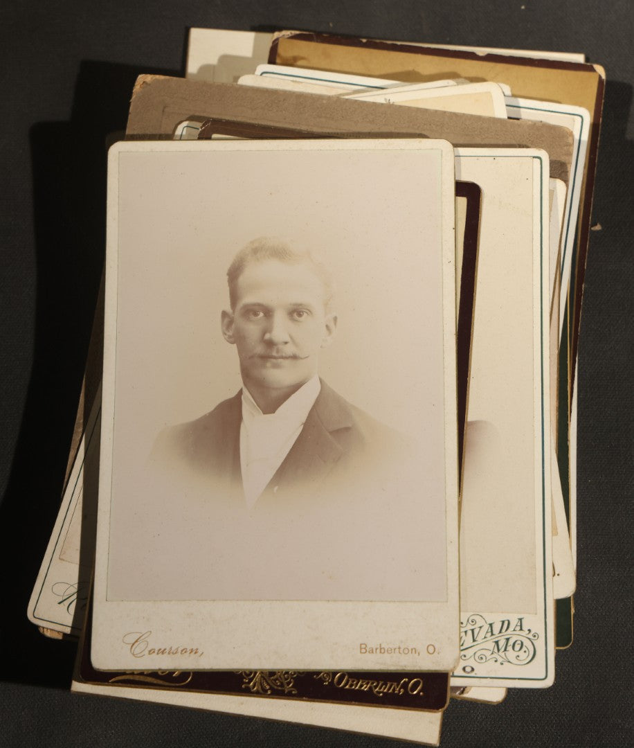 Grouping of 30+ Antique Cabinet Card Photographs of Men, Women, Children, and Families Including Photographers from Oberlin, Ohio, Youngstown, Ohio, West Lafayette, Indiana, Kalamazoo, Michigan, and Detroit, Michigan