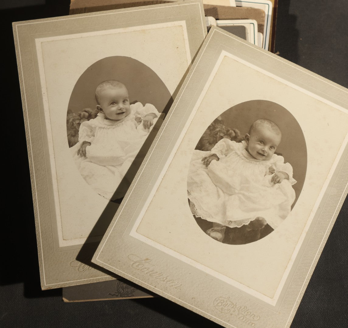 Grouping of 30+ Antique Cabinet Card Photographs of Men, Women, Children, and Families Including Photographers from Oberlin, Ohio, Youngstown, Ohio, West Lafayette, Indiana, Kalamazoo, Michigan, and Detroit, Michigan