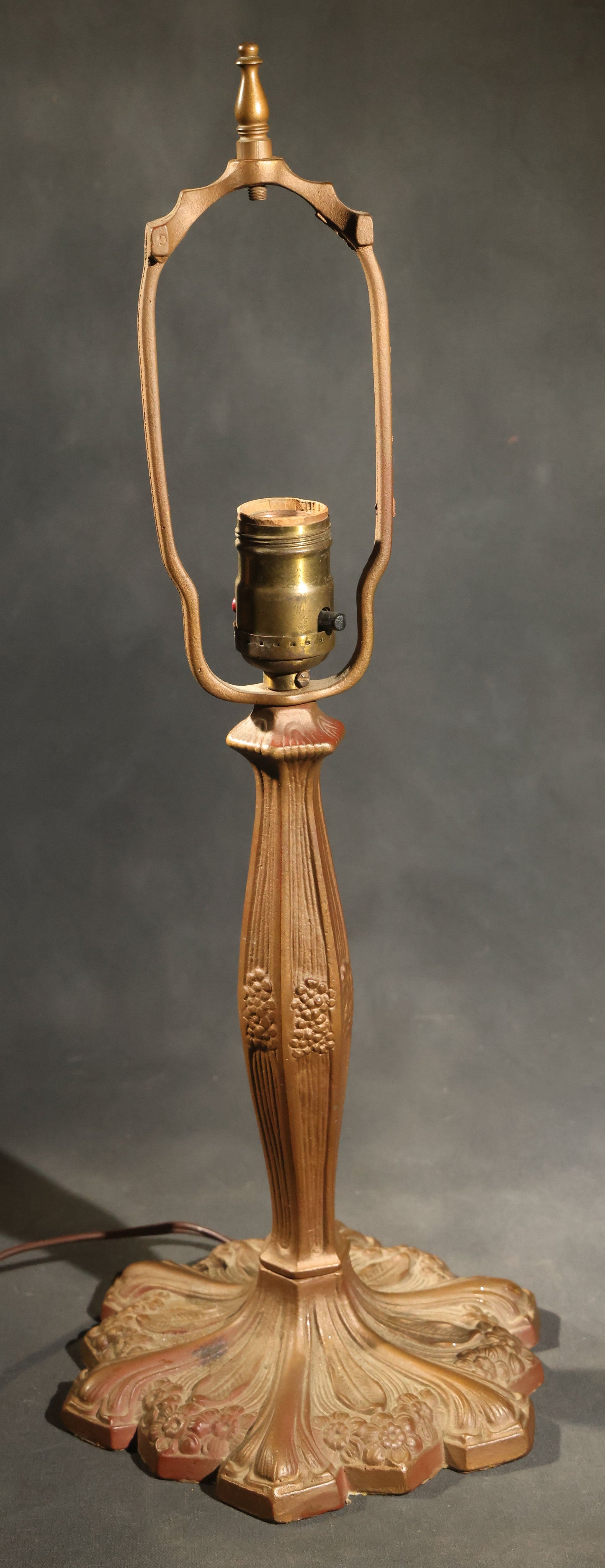 Antique Green Slag Glass Table Lamp with Six-Panel Shade, Ornate Metal Base with Grape and Floral Motifs, Tested and Working