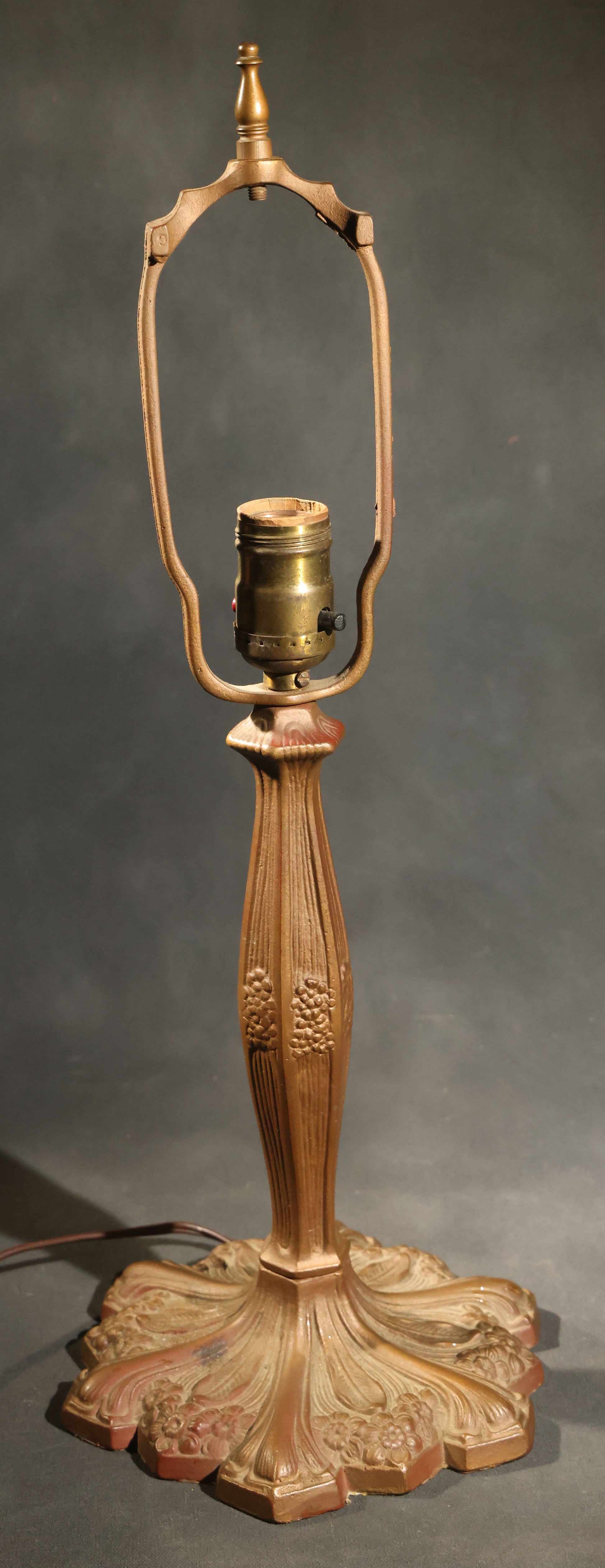 Antique Green Slag Glass Table Lamp with Six-Panel Shade, Ornate Metal Base with Grape and Floral Motifs, Tested and Working