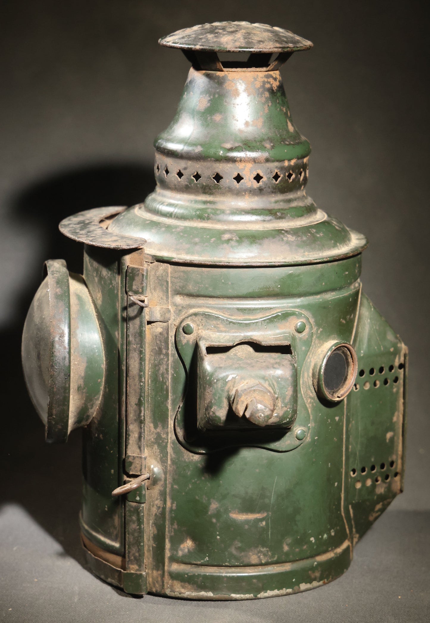 Vintage Adlake Railway Switch Signal Lamp in Green with Red and Clear Lenses, Oil Burner, and Perforated Ventilated Top