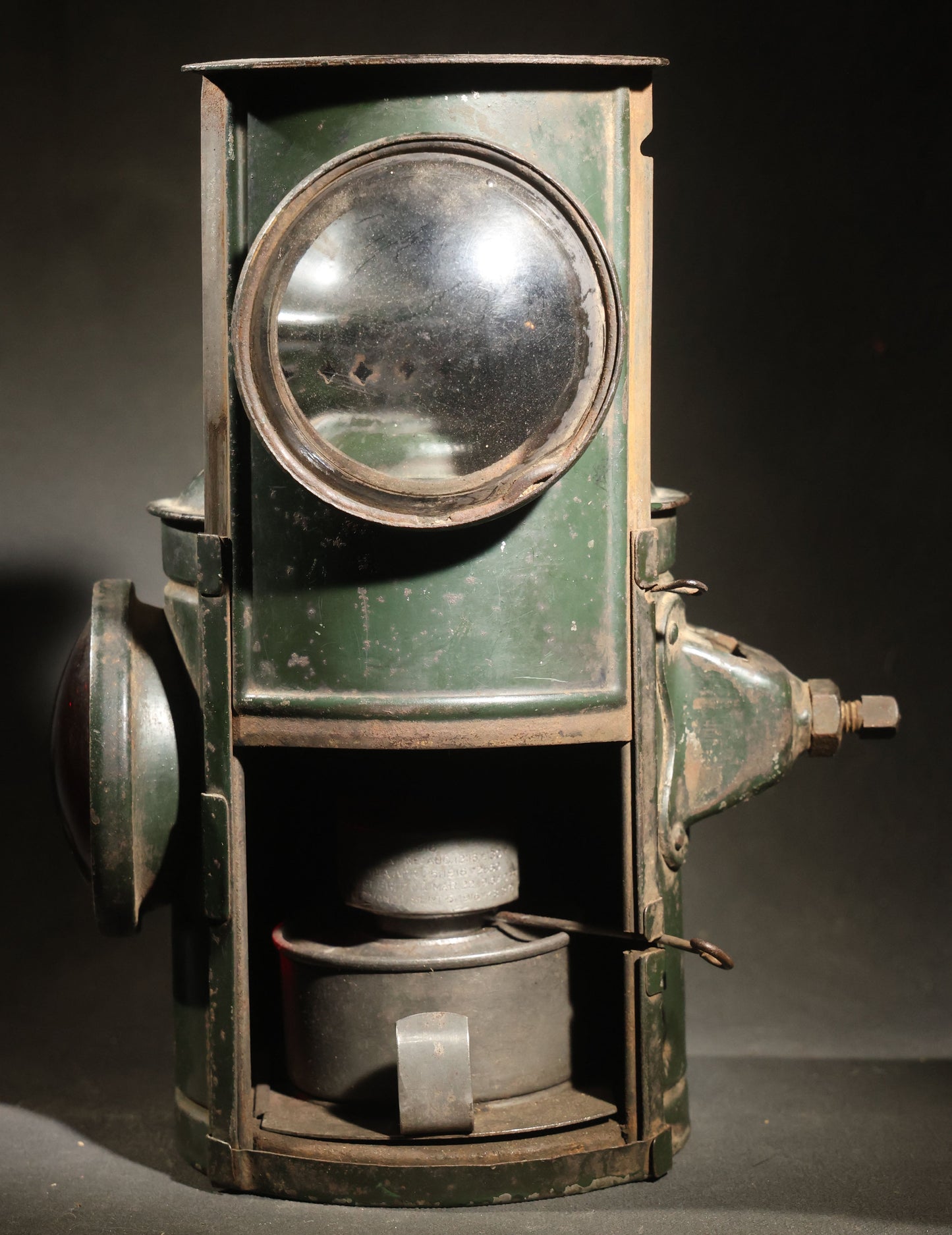 Vintage Adlake Railway Switch Signal Lamp in Green with Red and Clear Lenses, Oil Burner, and Perforated Ventilated Top