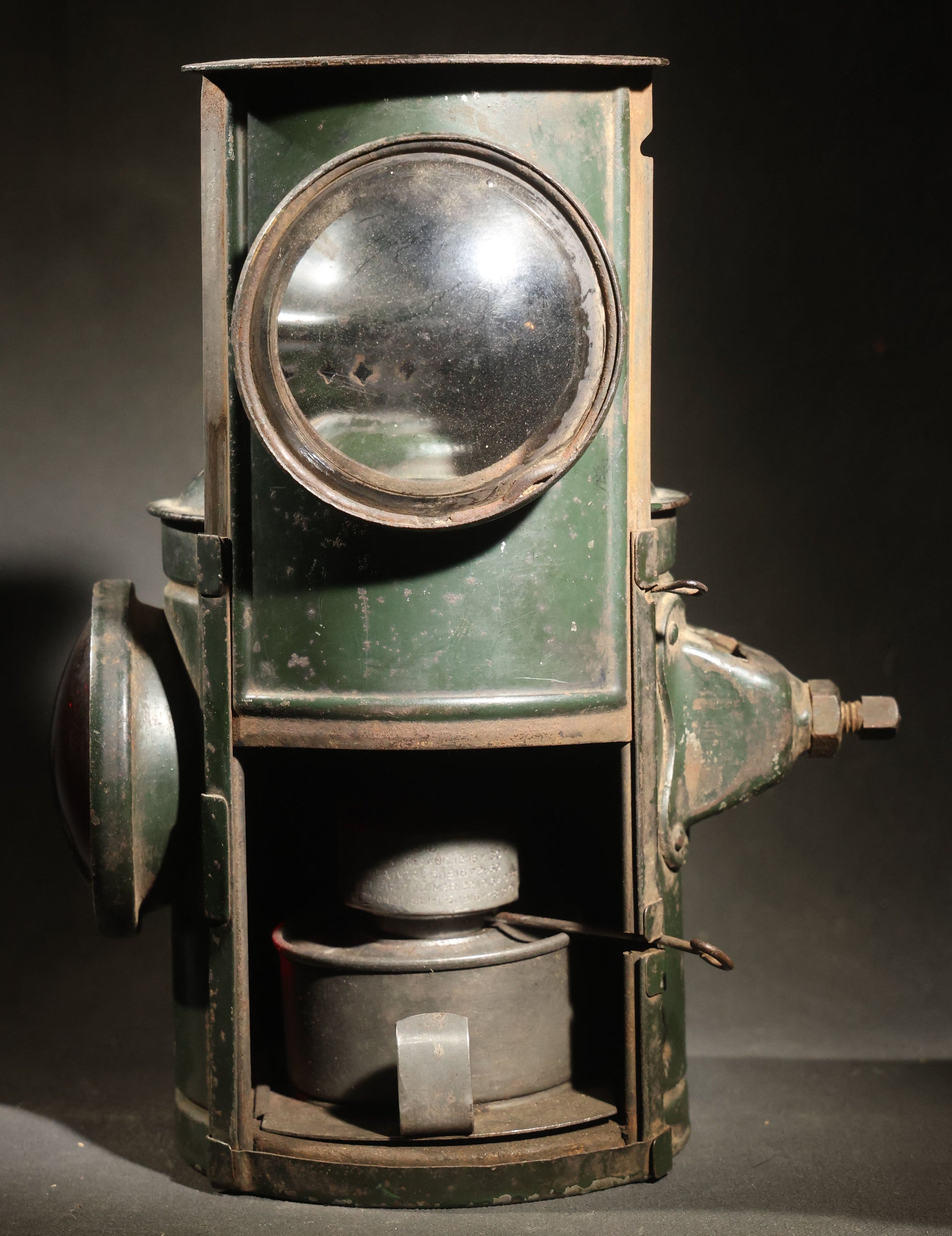 Vintage Adlake Railway Switch Signal Lamp in Green with Red and Clear Lenses, Oil Burner, and Perforated Ventilated Top