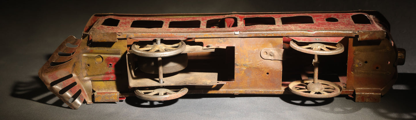 Antique Pressed Steel Hill Climber Trolley Car, Likely by Schieble Toy & Novelty Co., Dayton, Ohio, Circa 1910, Red and Green with Trolley Pole and Cow Catcher