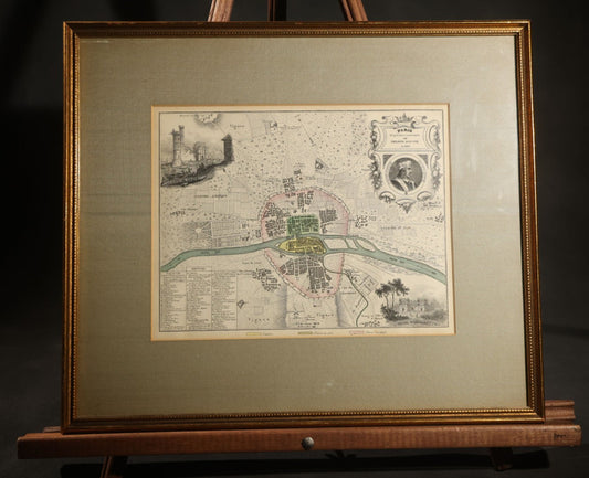 Antique 19th Century Hand-Colored Engraving Print, Historical Map of Paris Under Philippe Auguste Circa 1180, with Portrait Cartouche, Tower and Building Vignettes, and Legend, Framed