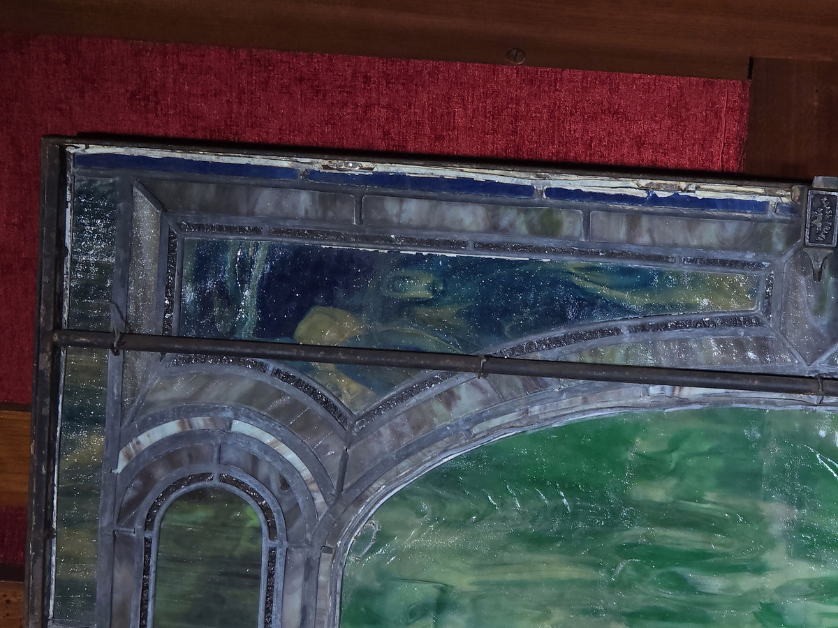 Antique Stained Glass Window, "Erected by Marion D. Gall, 1916," Note Many Breaks and Losses