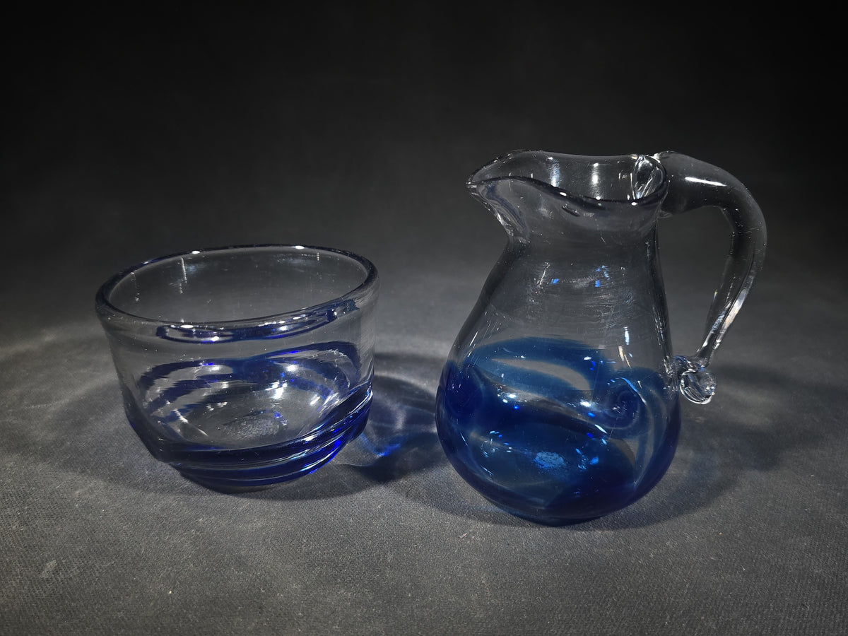 Pair of Vintage Signed Art Glass Creamer and Sugar Bowl with Blue Swirl Design
