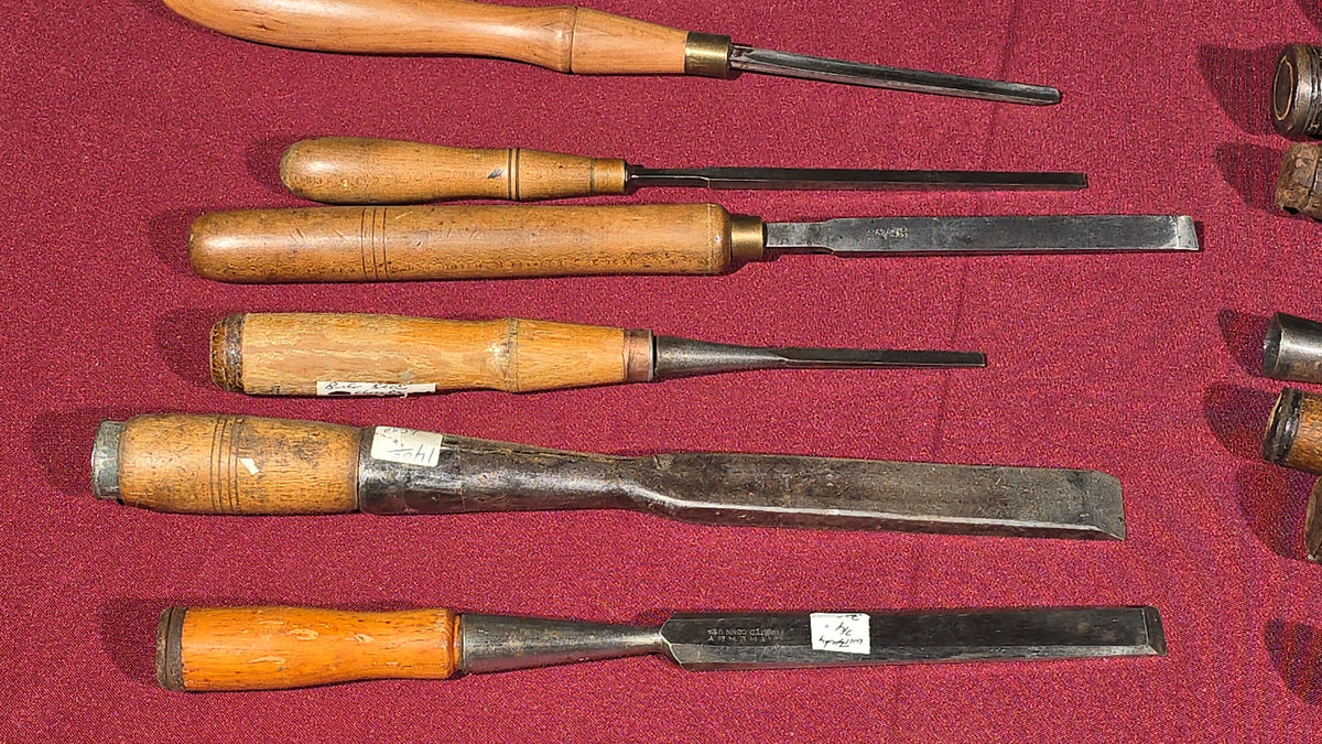 Grouping of 20+ Antique and Vintage Wood Chisels and Gouges including Witherby, Buck Brothers, and James Swan Co.