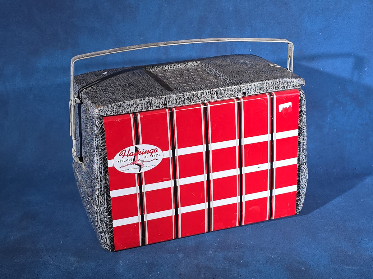 Vintage Flamingo Insulated Ice Chest with Red Plaid Tin Lithograph Panels, Manufactured by Poloron Products, New Rochelle, New York