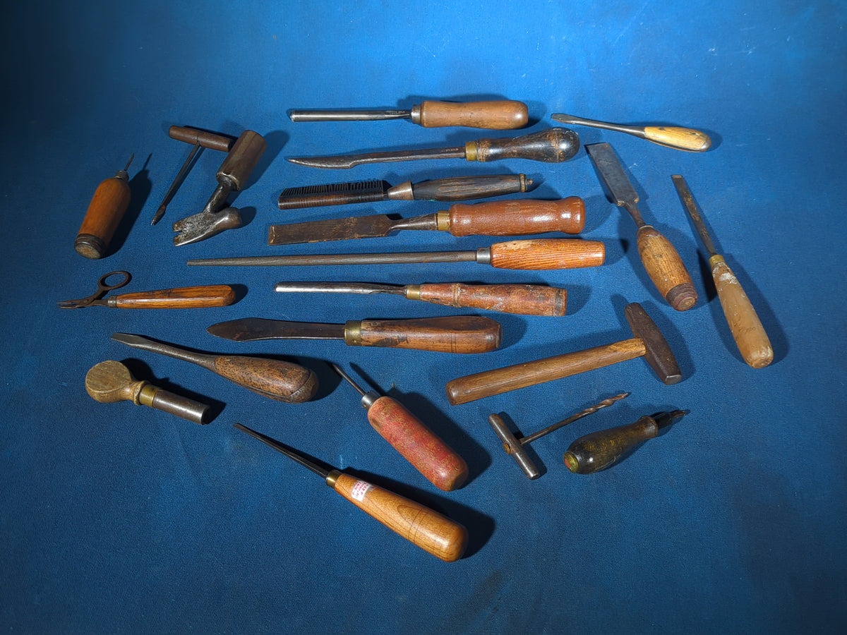 Grouping of Antique and Vintage Wood-Handled Hand Tools including Chisels, Screwdrivers, Awls, Files, and a Tack Hammer