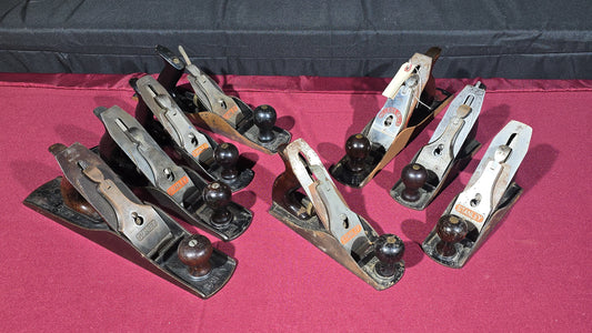 Grouping of Eight Vintage Hand Planes including Stanley No. 5-1/2, No. 5-1/4, No. 5, No. 4, No. 2, and Millers Falls