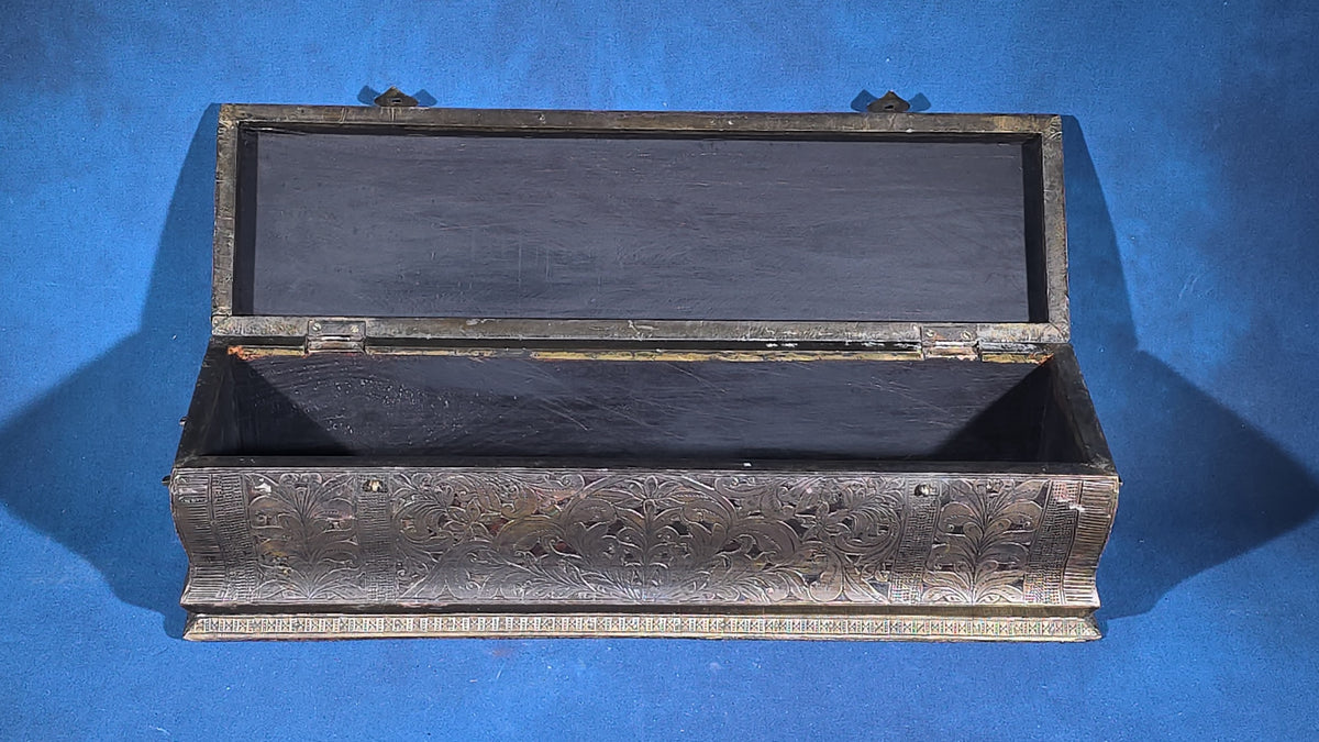 Vintage Engraved Metal-Clad Wooden Dome-Top Box with Brass Straps and Side Handles