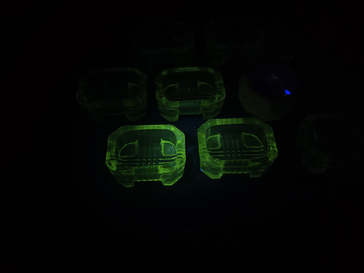 Grouping of 13 Antique Pressed Glass Open Salt Cellars including 12 Matching Uranium Glass and One White Milk Glass