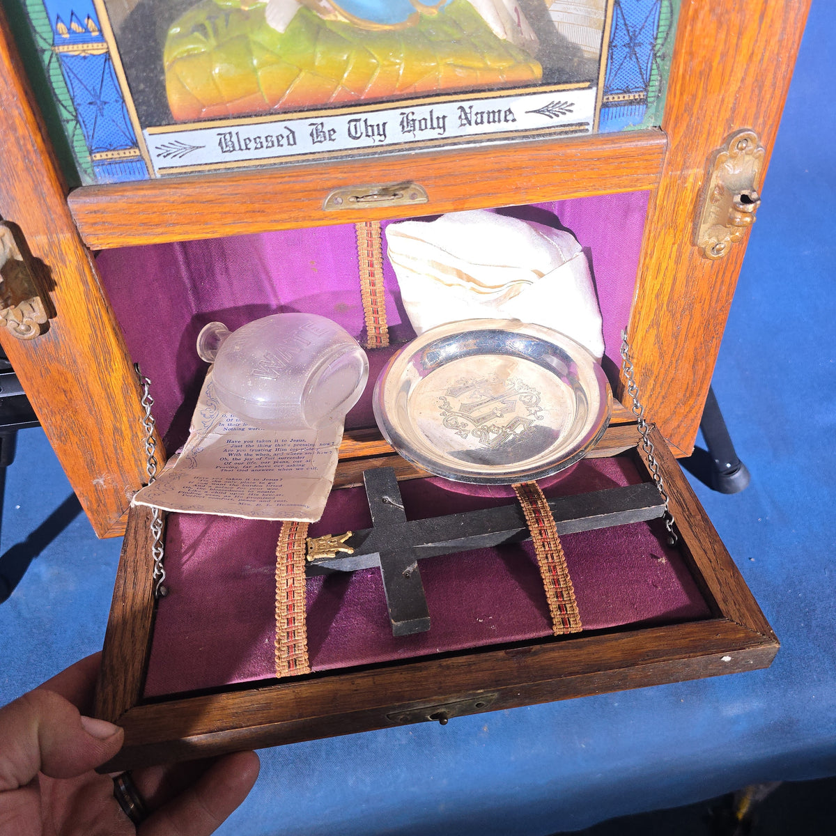 Antique Catholic Last Rites Wall Box with Pietà and Last Supper Imagery, with Contents