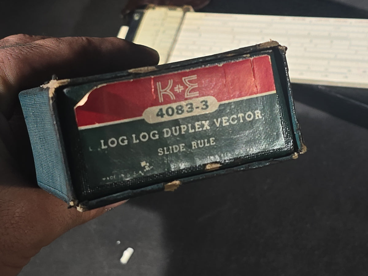 Vintage Keuffel & Esser 4083-3 Log Log Duplex Vector Slide Rule with Leather Case and Original Box, Note Damage and Loss on Slide