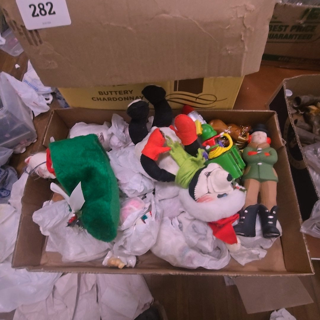 Box lot with miscellaneous toys and holiday items