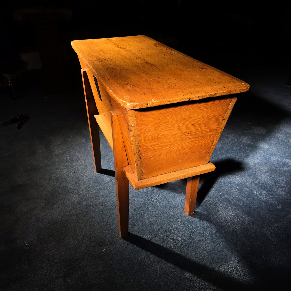 Antique Pine Dovetailed Dough Box on Stand with Iron Escutcheon