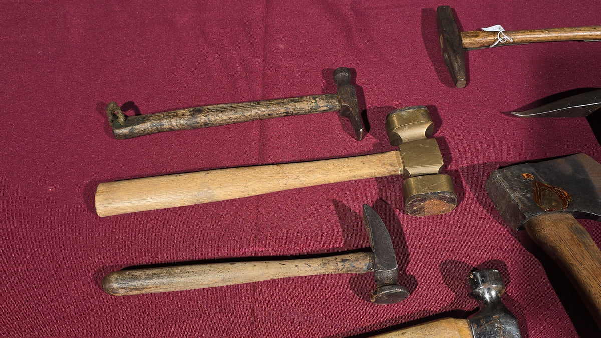 Grouping of 15 Antique and Vintage Hatchets and Hammers including Cooper's Adze, Brass Hammer, and Hammer by A. R. Robertson, Boston, Massachusetts