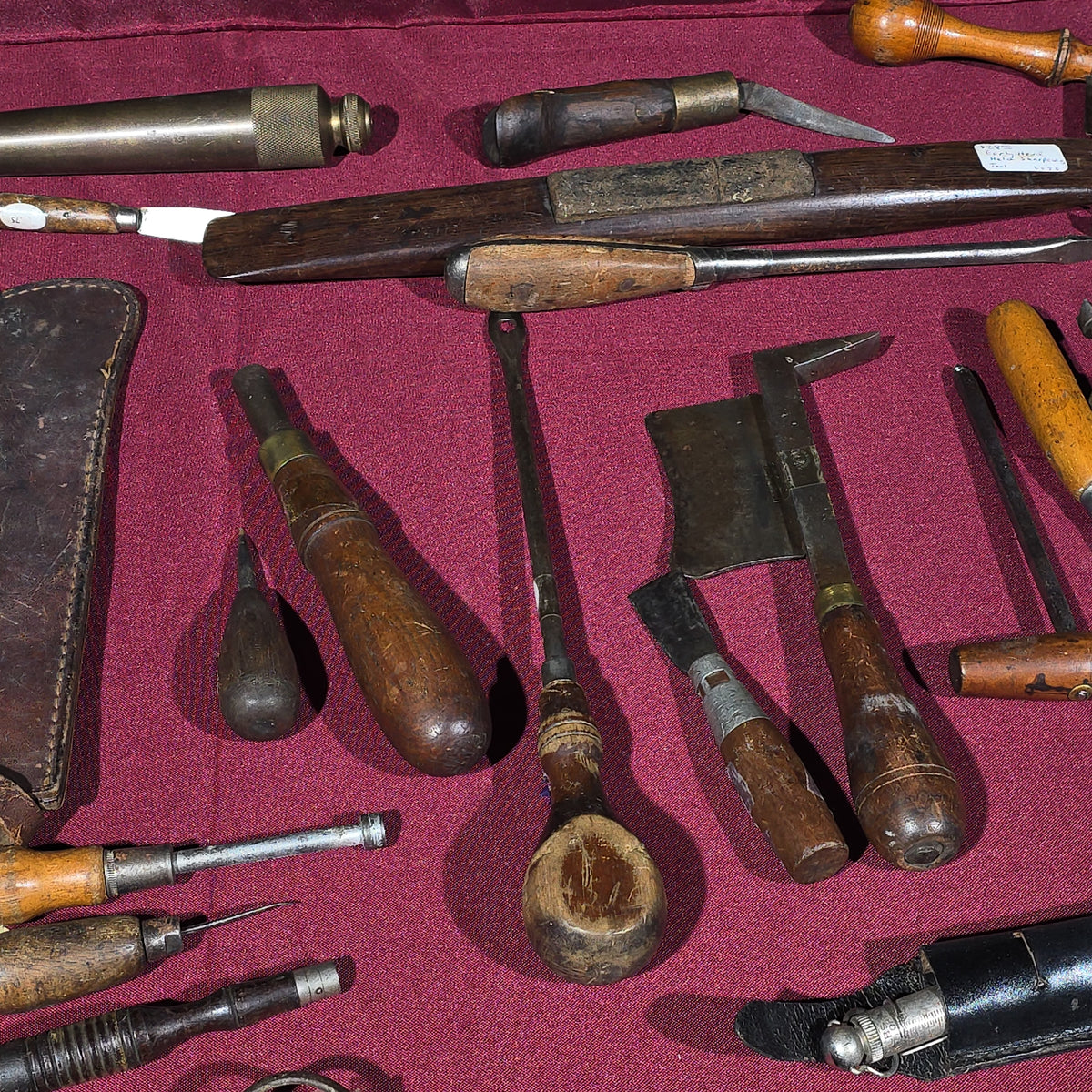 Grouping of Antique and Vintage Hand Tools including Case XX Knife with Leather Sheath, Chisels, Awls, Screwdrivers, Files, and Hammer Head