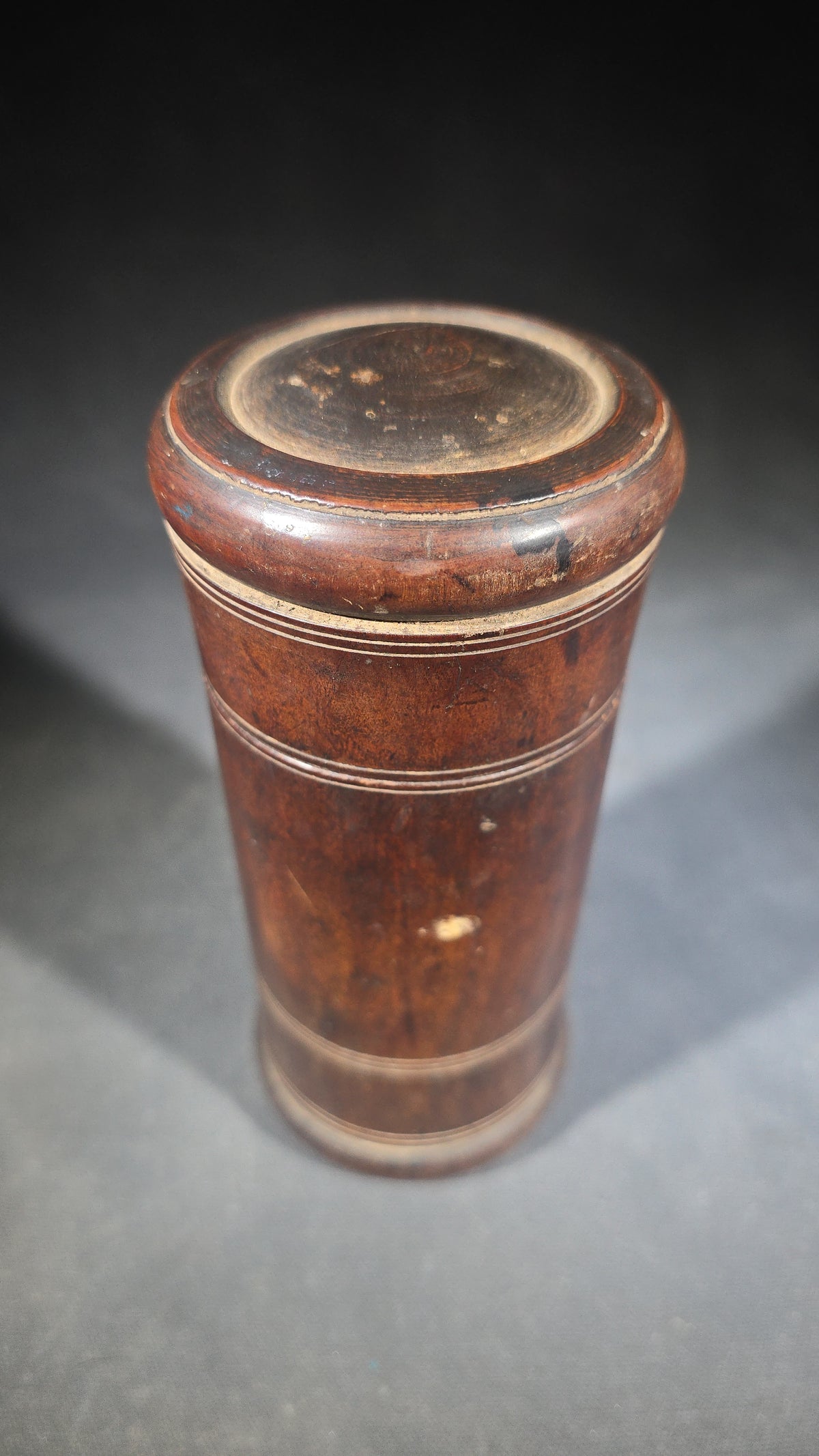 Antique Turned Wood Cylindrical Lidded Container with Incised Ring Decoration