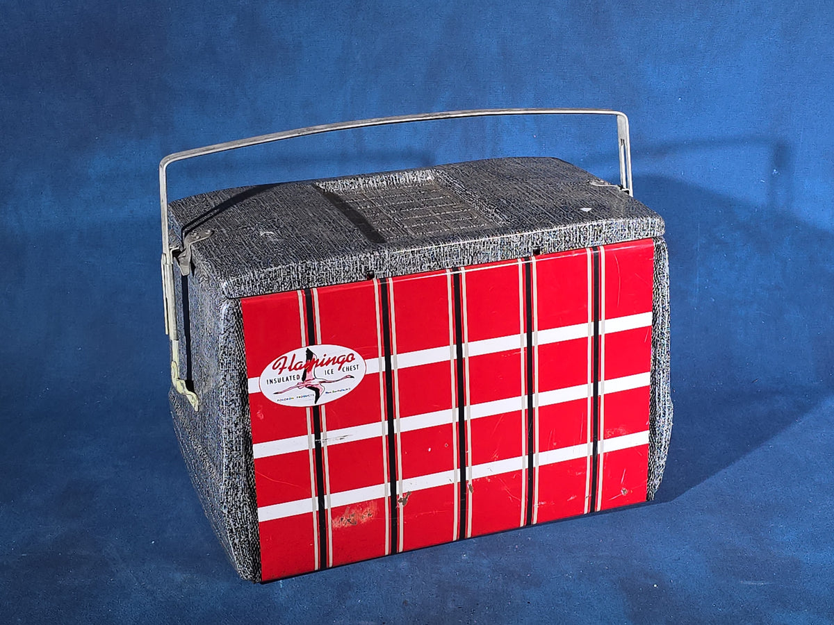Vintage Flamingo Insulated Ice Chest with Red Plaid Tin Lithograph Panels, Manufactured by Poloron Products, New Rochelle, New York