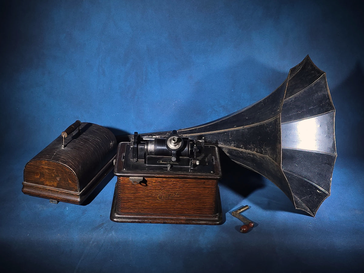 Antique Edison Standard Phonograph Cylinder Player with Oak Case, Horn, and Crank Key