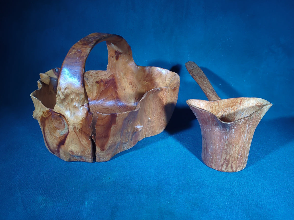 Pair of Vintage Hand-Carved Burl Wood Vessels, Basket with Handle and Ladle