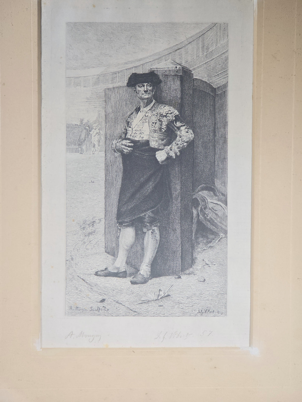 Antique Framed Engraving Print of a Matador, After J. G. Vibert, 1869, Engraved by A. Mongin, Pencil Signed