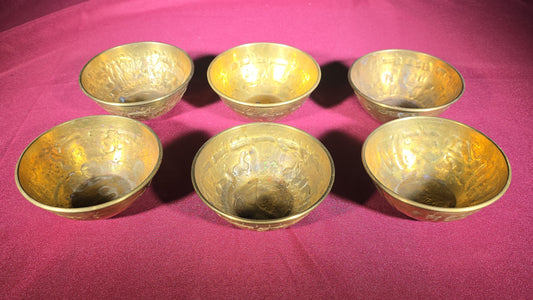 Grouping of Six Vintage Decorated Brass Bowls with Figural and Scenic Relief