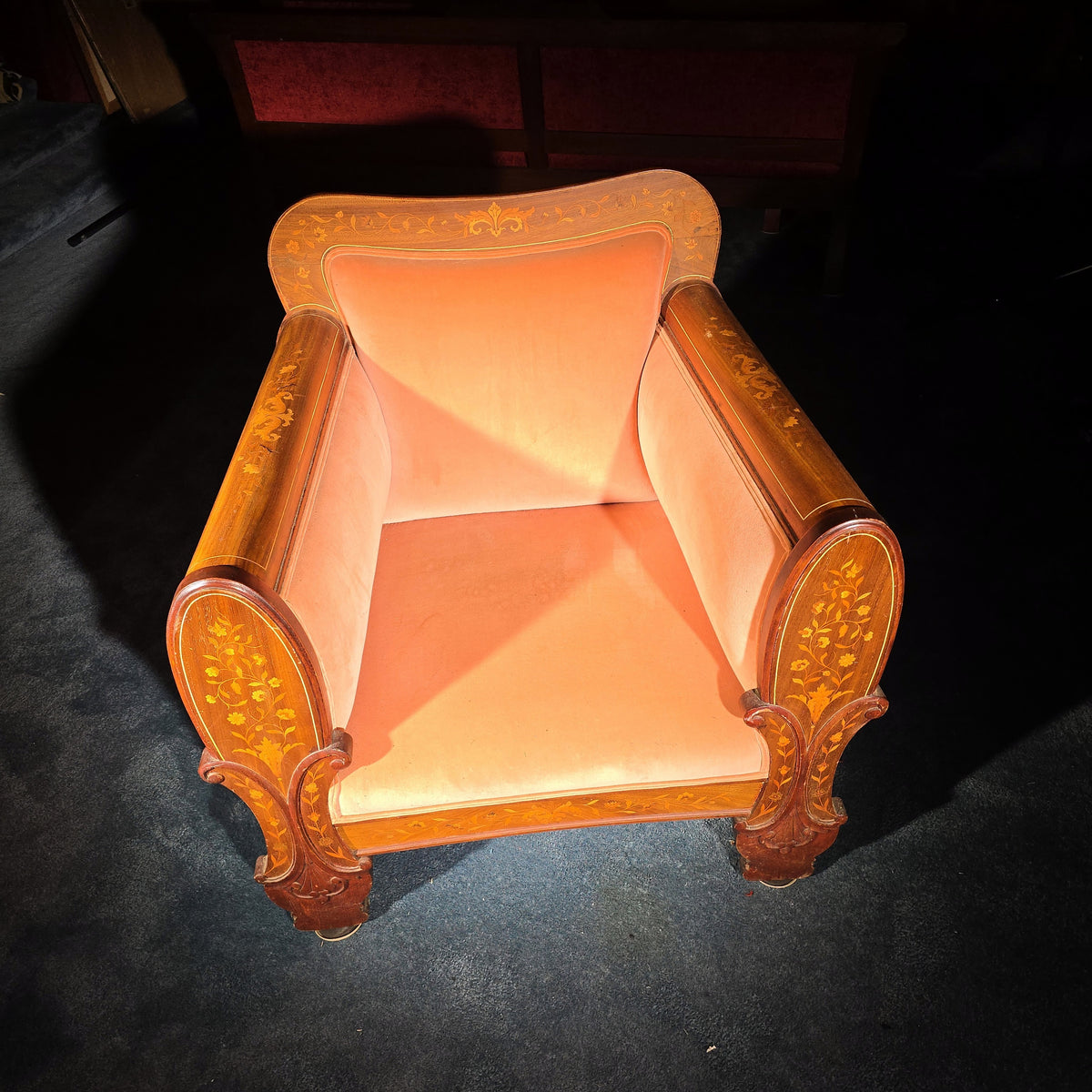 Antique Dutch Marquetry Inlaid Upholstered Club Chair