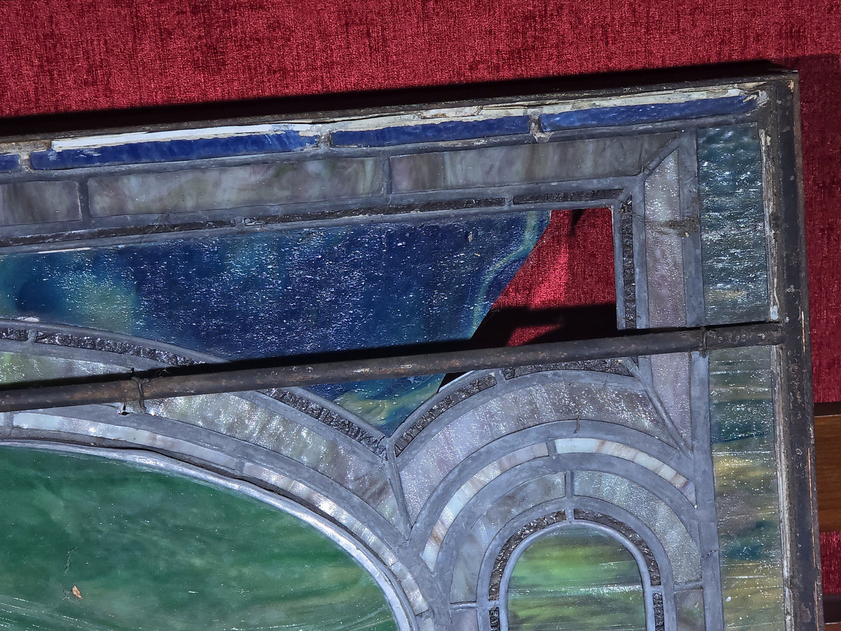 Antique Stained Glass Window, "Erected by Marion D. Gall, 1916," Note Many Breaks and Losses